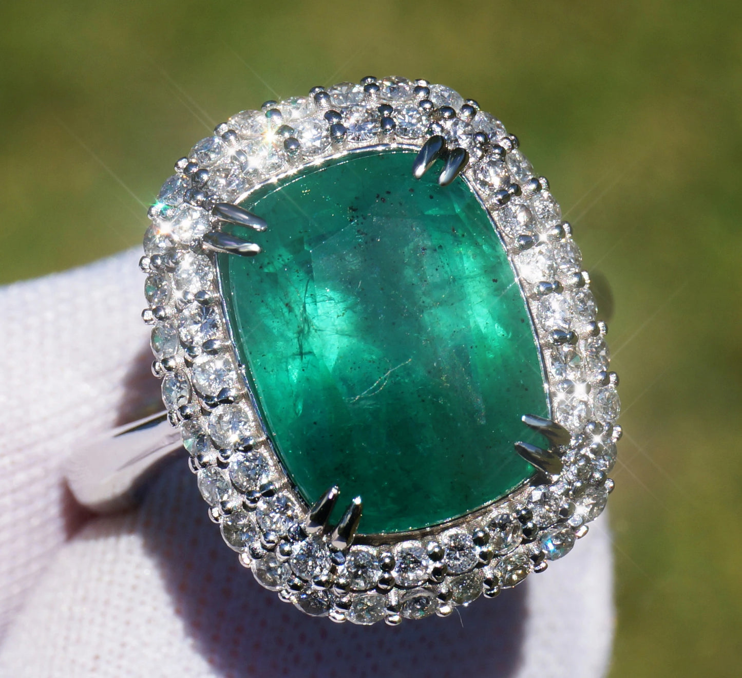 ring Emerald diamond white 14k gold cushion cut 7.28ctw gia certified