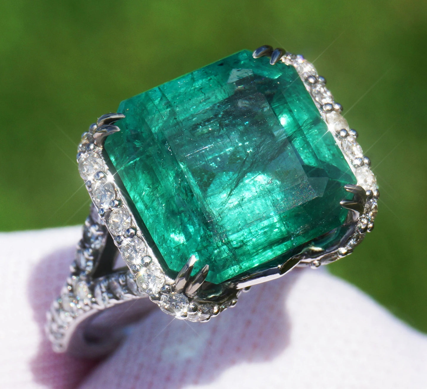 ring Emerald diamond white gold 14k green split shank 8.35ctw gia certified