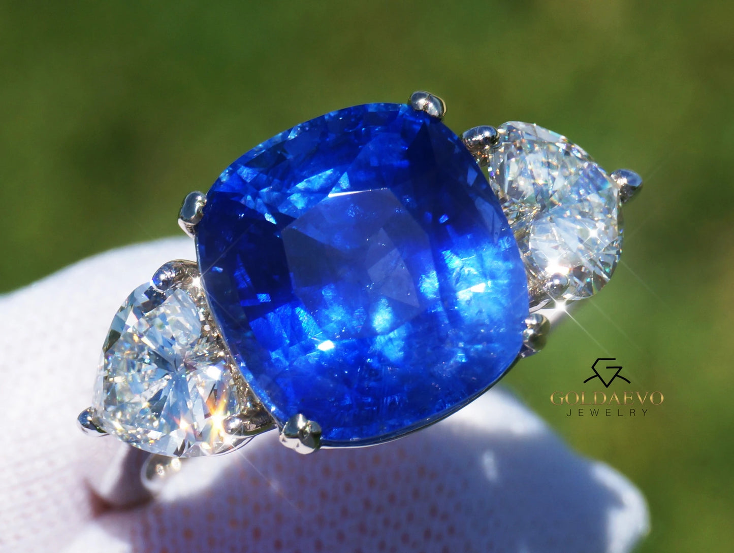 Sapphire & diamonds ring 18k white gold blue ceylon 8.66ctw gia certified no heat cushion cut