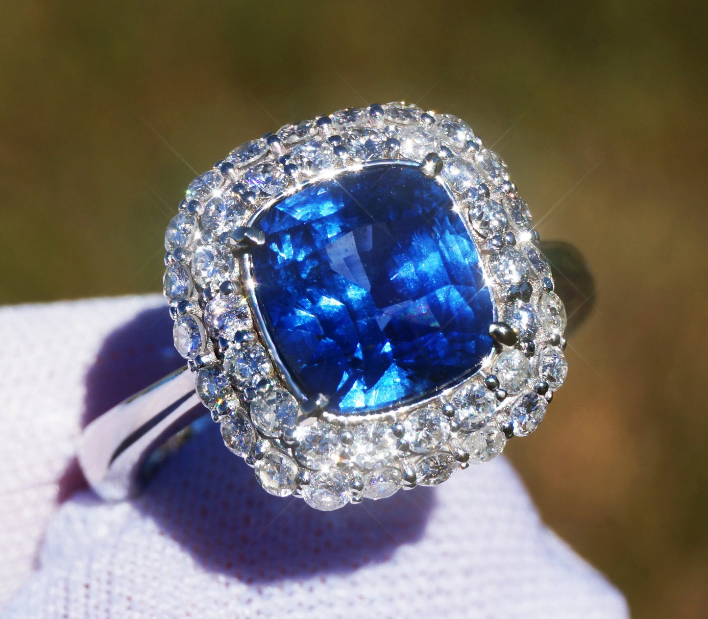 Sapphire ring gold white 14k diamond Madagascar blue cushion 4.95ctw gia certified