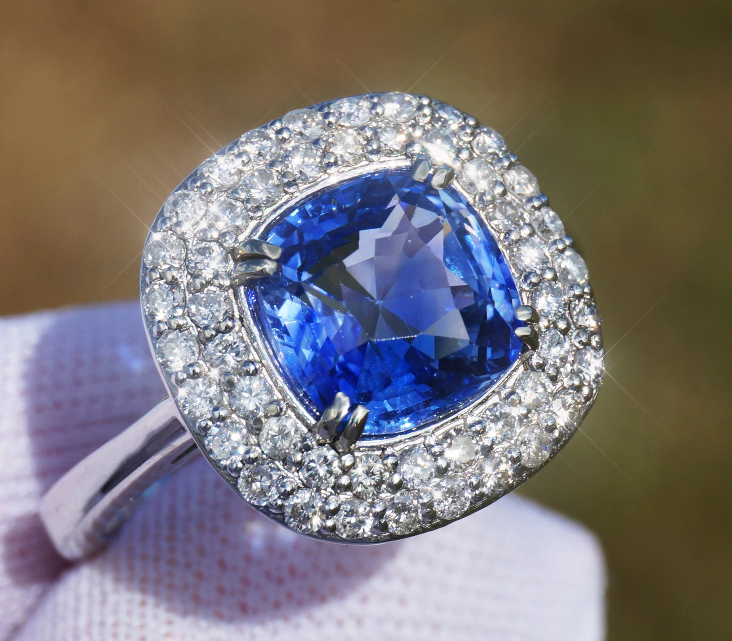 Sapphire ring white 14k gold diamond cushion blue ceylon sri lanka gia certified 3.95ctw
