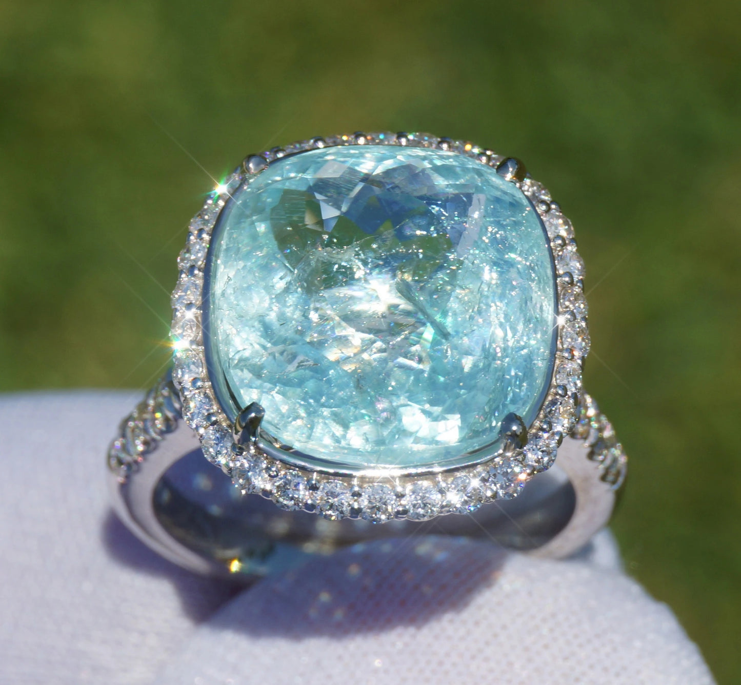 Paraiba tourmaline copper bearing ring gold 14k diamond 10.50ctw gia certified cushion blue
