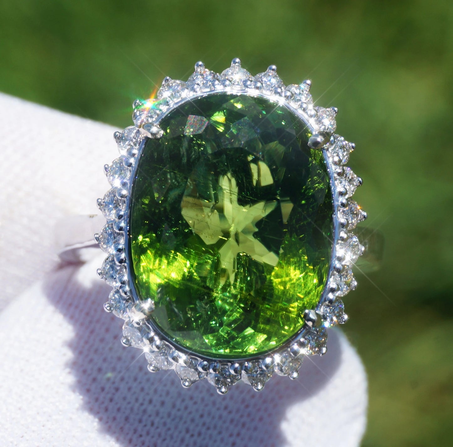 Green Paraiba tourmaline copper bearing ring diamond 14k white gold 10.72 ctw gia certified green