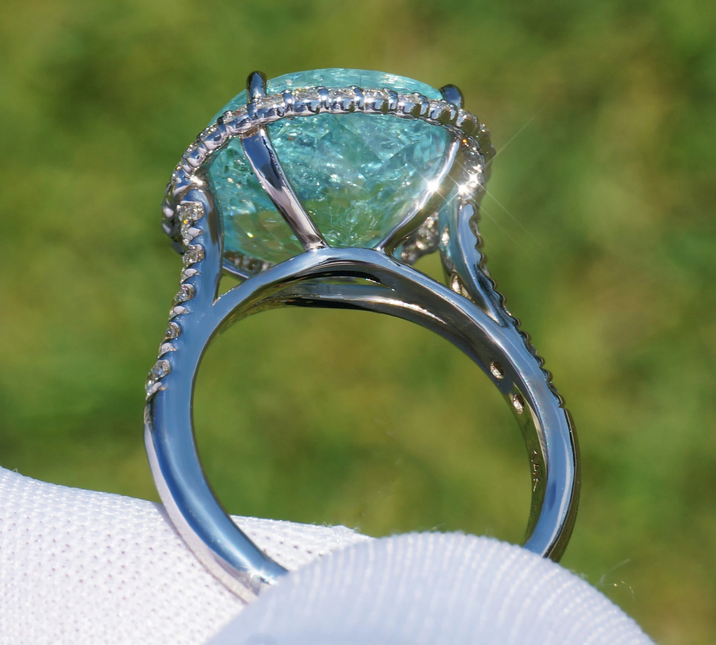 Paraiba tourmaline copper bearing ring gold 14k diamond 10.50ctw gia certified cushion blue