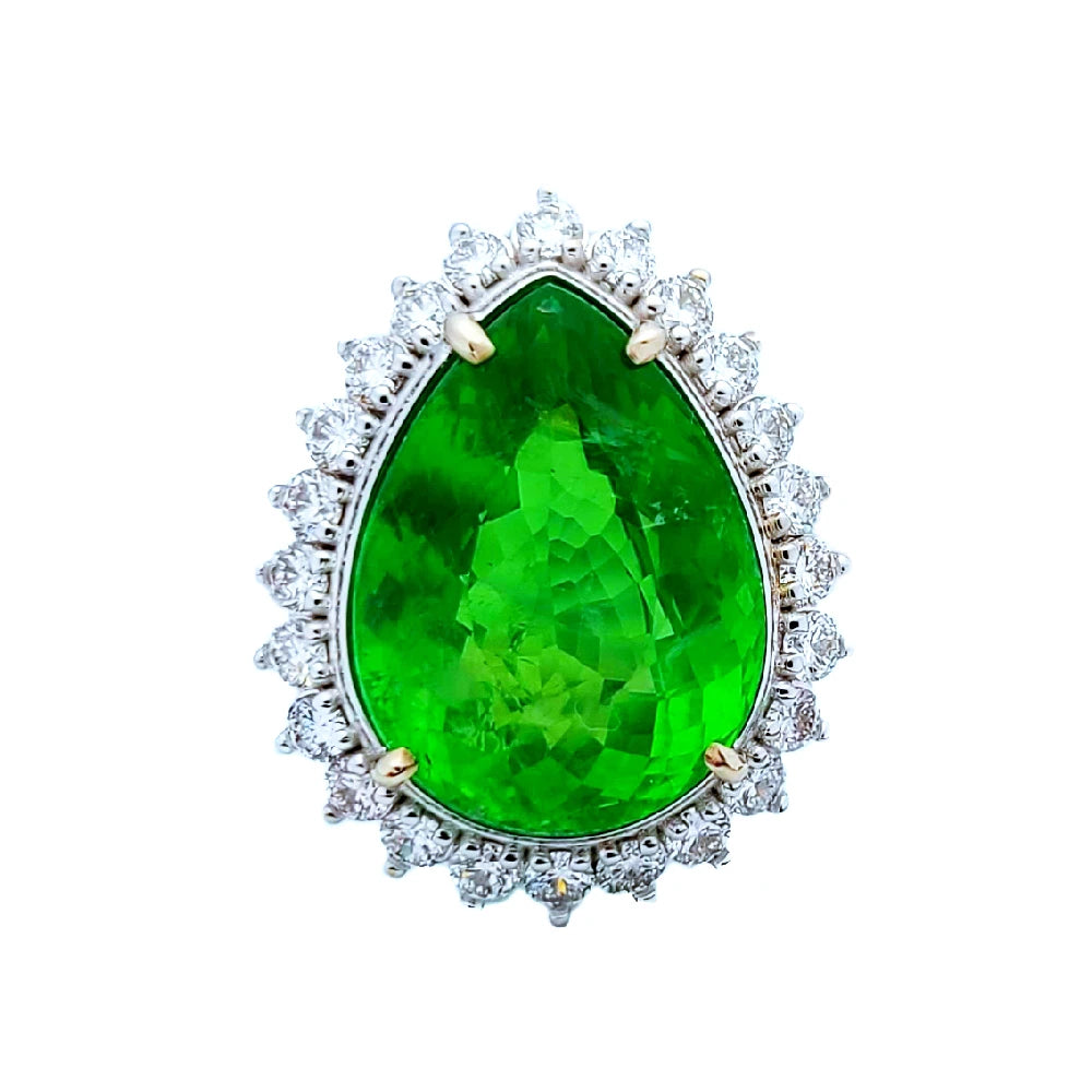 Green color Paraiba tourmaline copper bearing & diamond white 14k gold ring gia certified 7.74ctw pear cut