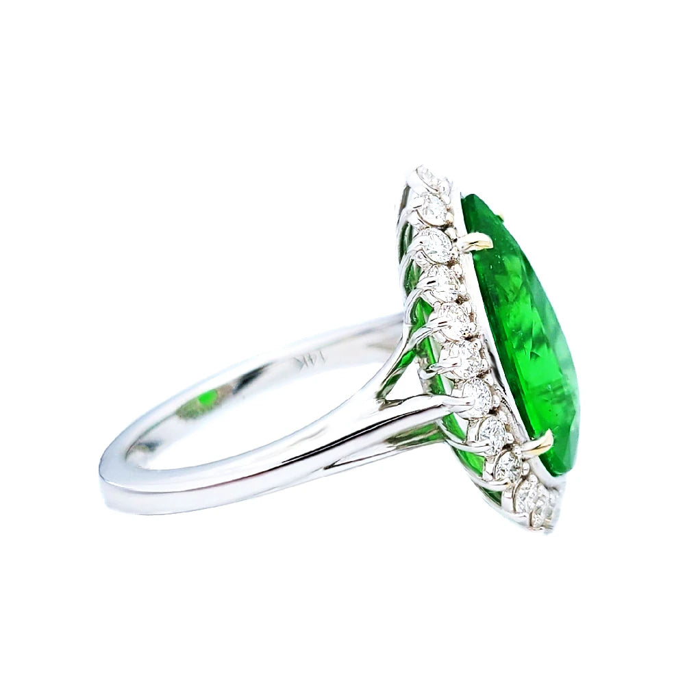 Green color Paraiba tourmaline copper bearing & diamond white 14k gold ring gia certified 7.74ctw pear cut