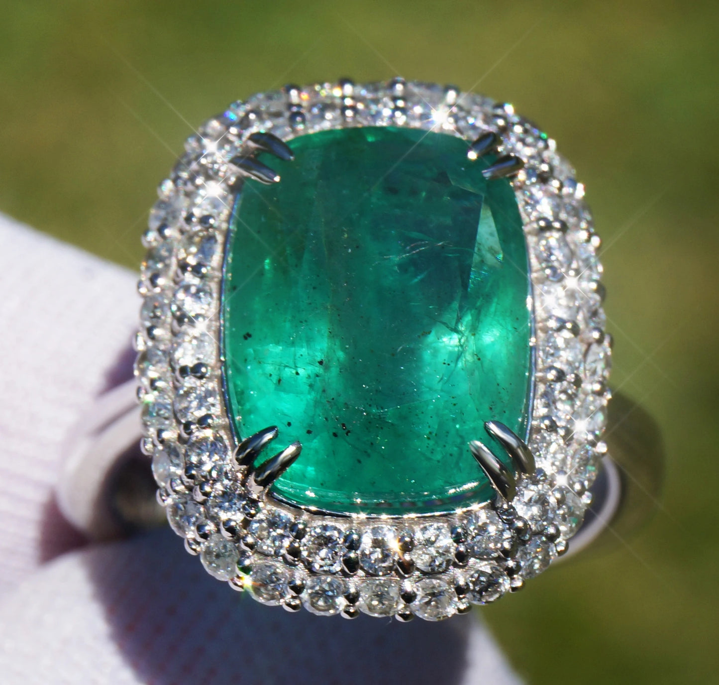 ring Emerald diamond white 14k gold cushion cut 7.28ctw gia certified