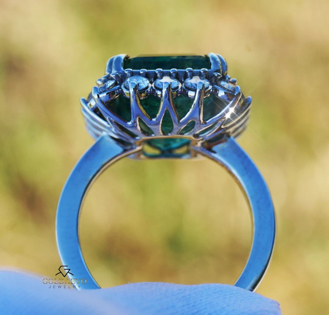 Emerald & diamond ring 14k white gold 12.16 ctw gia certified