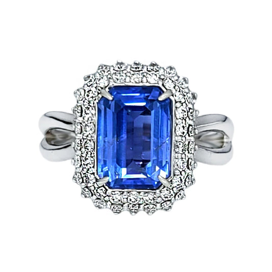 Sapphire ring gold diamond blue no heat cushion cut ceylon gia certified 3.78ctw