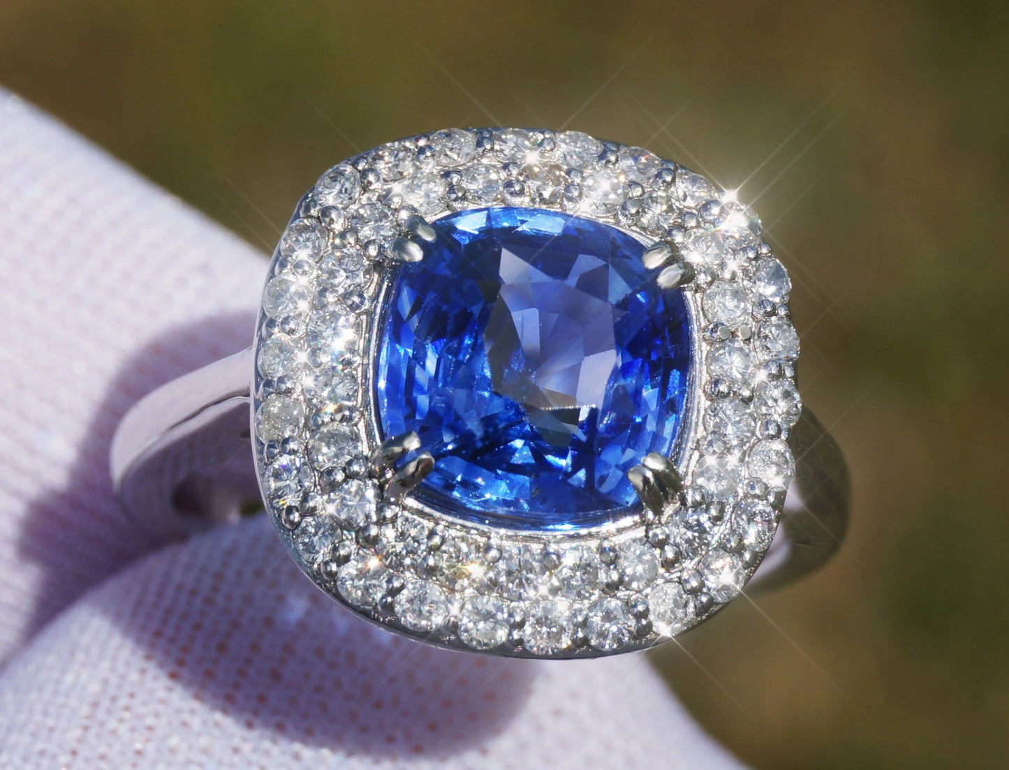 Sapphire ring white 14k gold diamond cushion blue ceylon sri lanka gia certified 3.95ctw