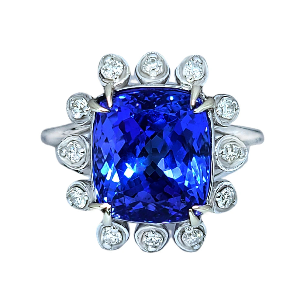 Tanzanite ring diamond gold white 14k cushion cut 6.60ctw gia certified