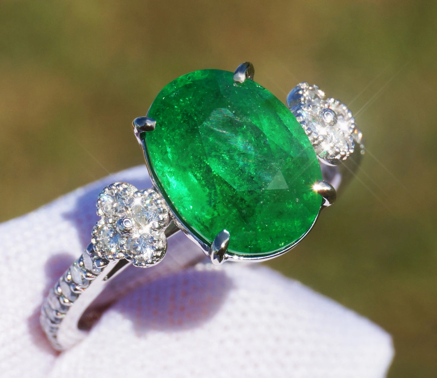 Tsavorite ring white gold diamond 14k green oval grossular garnet 4.65ctw gia certified
