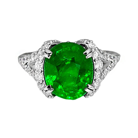 Tsavorite ring diamond 14k white gold 5.25ctw gia certified green oval cut