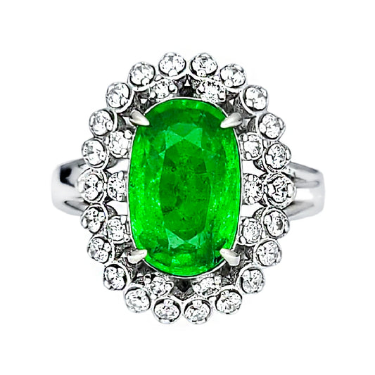 Tsavorite ring gold white 14k diamond green oval grossular garnet 3.68ctw gia certified