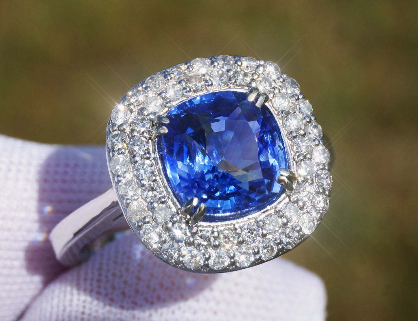Sapphire ring white 14k gold diamond cushion blue ceylon sri lanka gia certified 3.95ctw