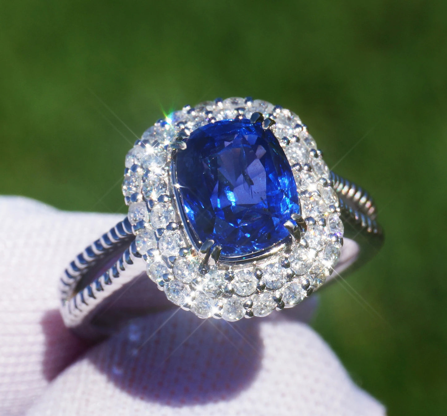 Sapphire ceylon & diamonds ring 14k white gold 4.33 ctw gia certified cushion blue