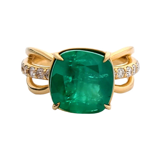 Emerald ring diamond gold yellow 14k split shank cushion cut 5.10ctw gia certified